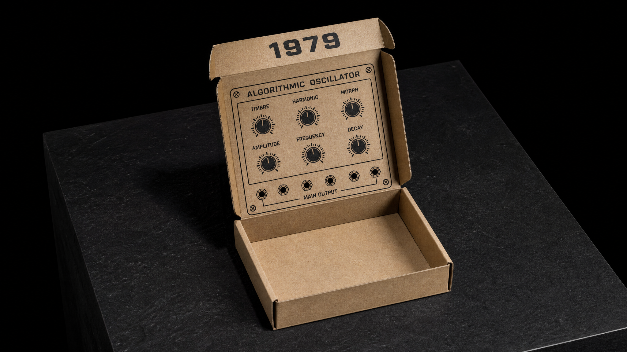 The finished 1979 (Nineteen Seventy Nine) boxes shown in full — 6 × 5 × 1.5 in folding chipboard, Natural kraft board, 1-colour letterpress, black, Score and fold.