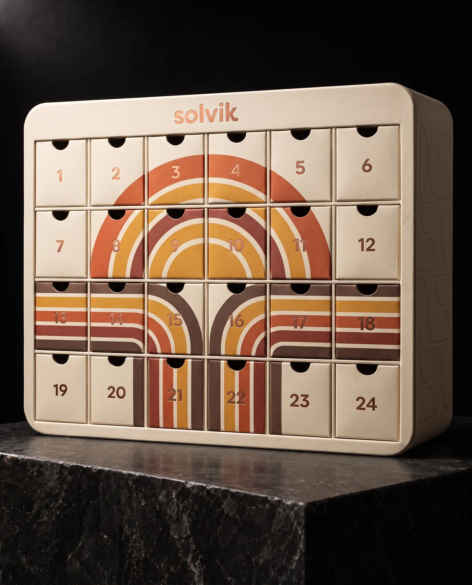 A cream rounded-corner advent calendar cabinet whose 24 drawer fronts together form a rising sun of thick burnt orange, mustard, rust and brown stripes, with copper foil numerals and SOLVIK in copper on top.