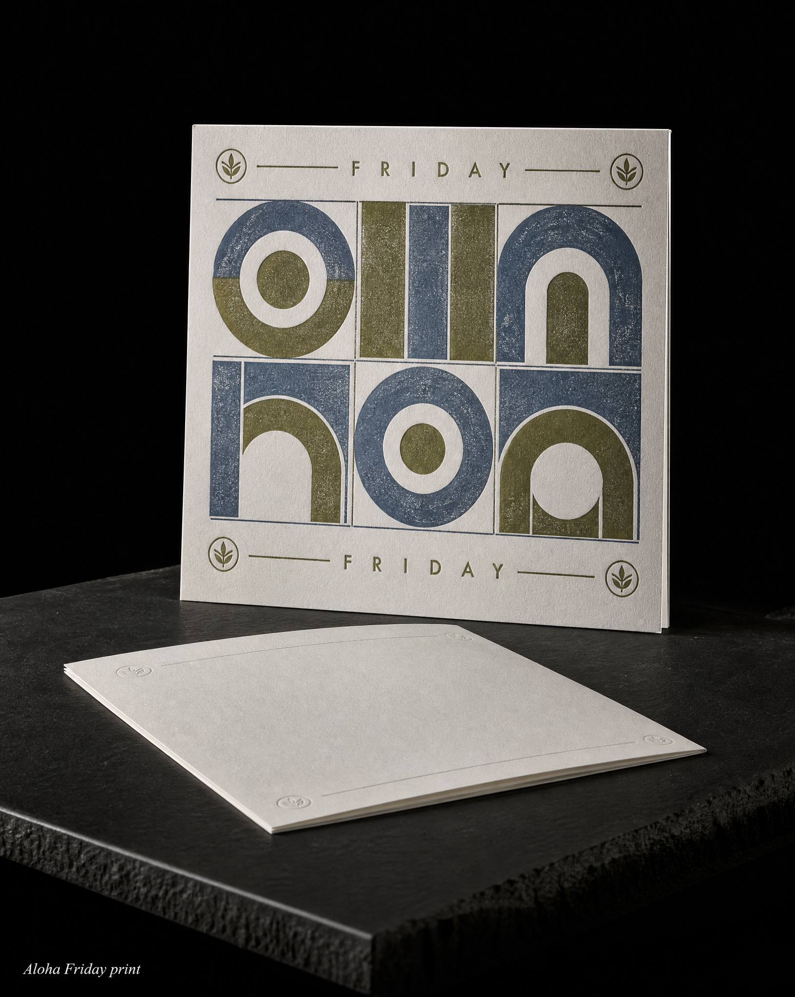 Menus-programs for Aloha Friday (studio print) with 12 × 12 in, 100lb natural white uncoated cover and 2-colour risograph, olive + slate.
