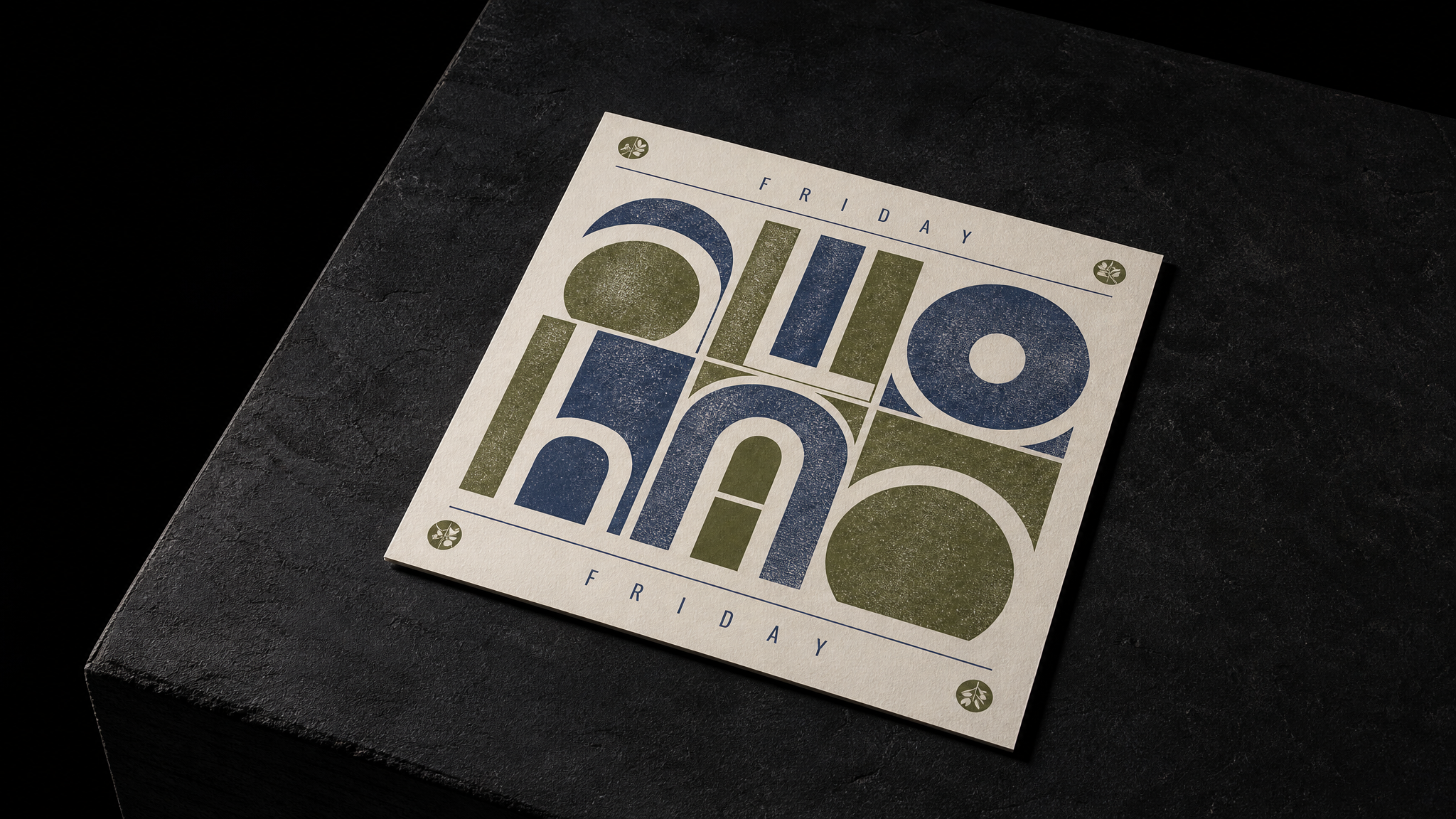 The finished Aloha Friday (studio print) menus programs shown in full — 12 × 12 in, 100lb natural white uncoated cover, 2-colour risograph, olive + slate.