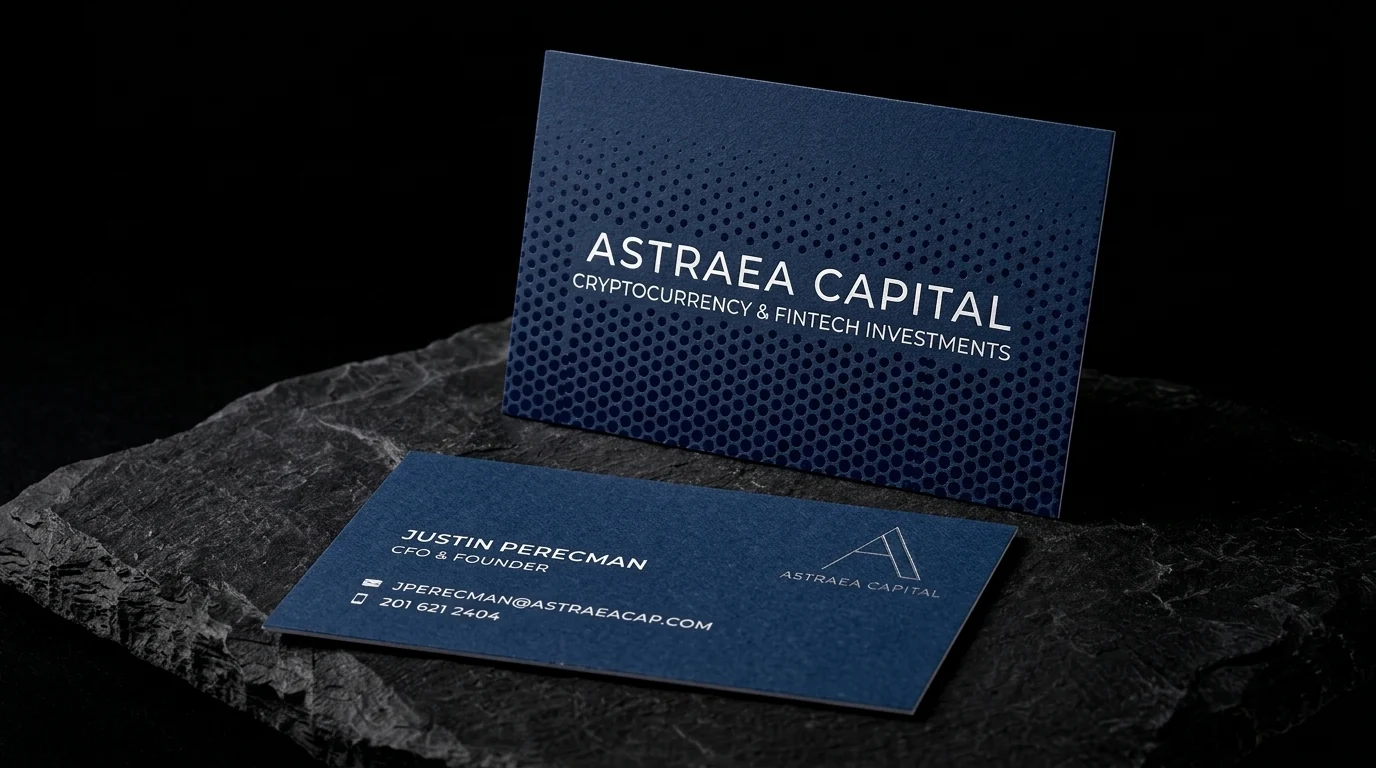 Business-cards for Astraea Capital with silver and white foil stamping, navy uncoated and spot gloss halftone.