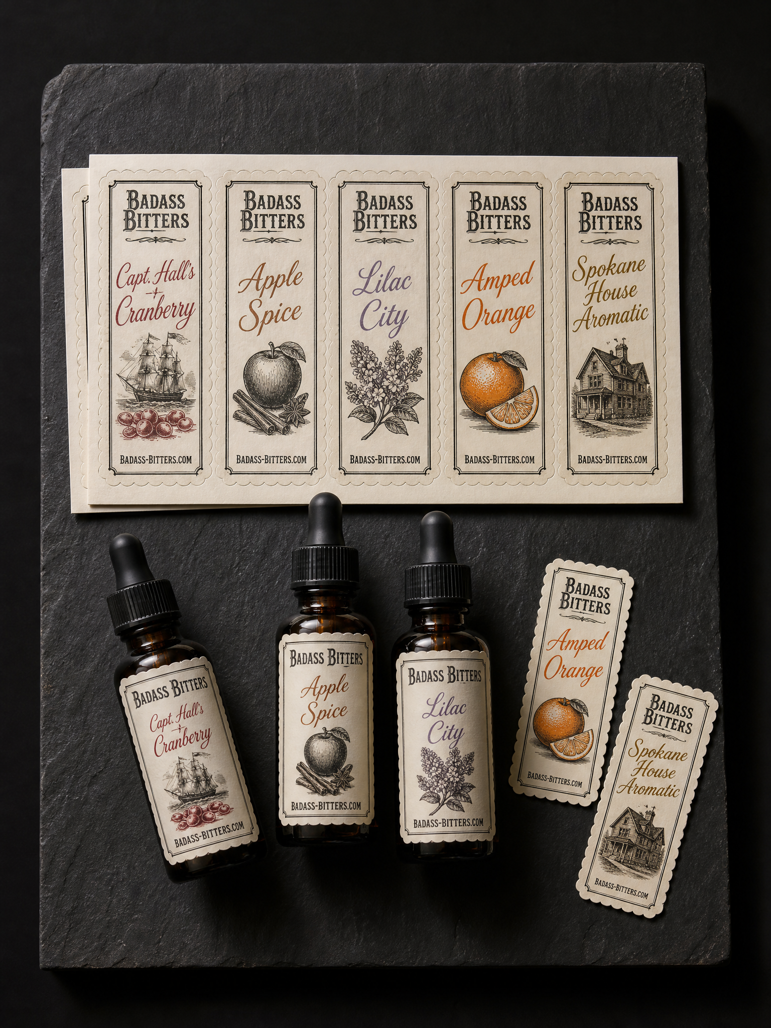 Badass Bitters labels — 60# uncoated cream label stock, 2-colour letterpress, 5 Pantone accents