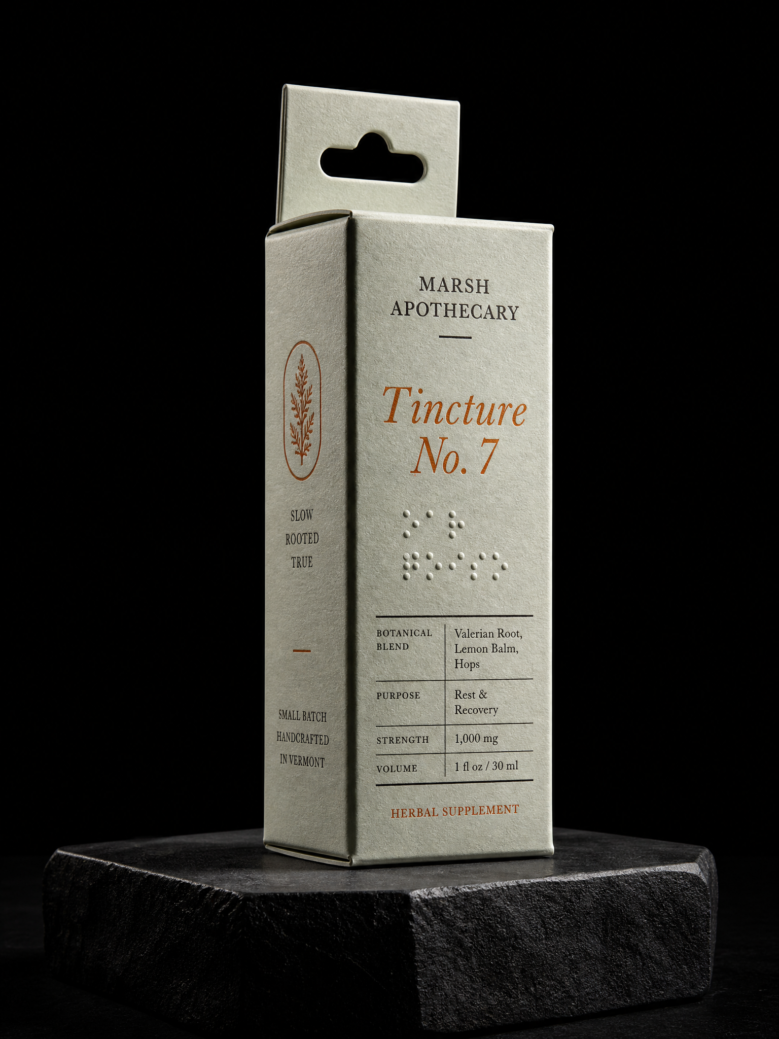 Sage tincture carton 2-color letterpress braille emboss — custom boxes by Print Peppermint, specialty print with letterpress, emboss