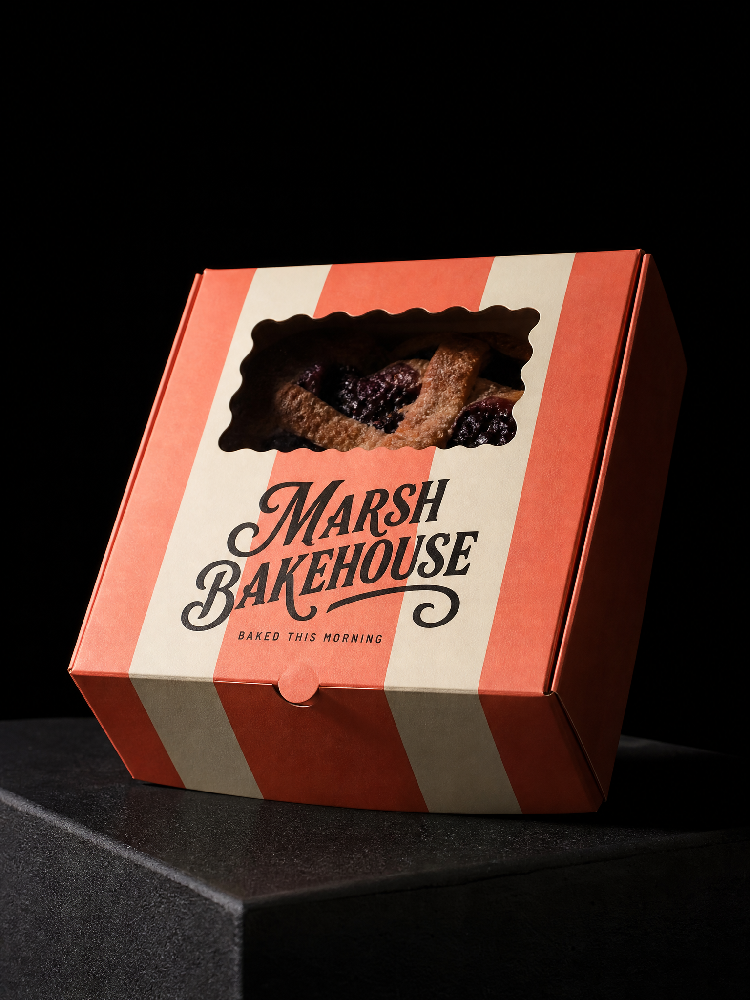 White bakery box 2 pantone retro stripe scalloped window — custom boxes by Print Peppermint, specialty print with pantone spot color