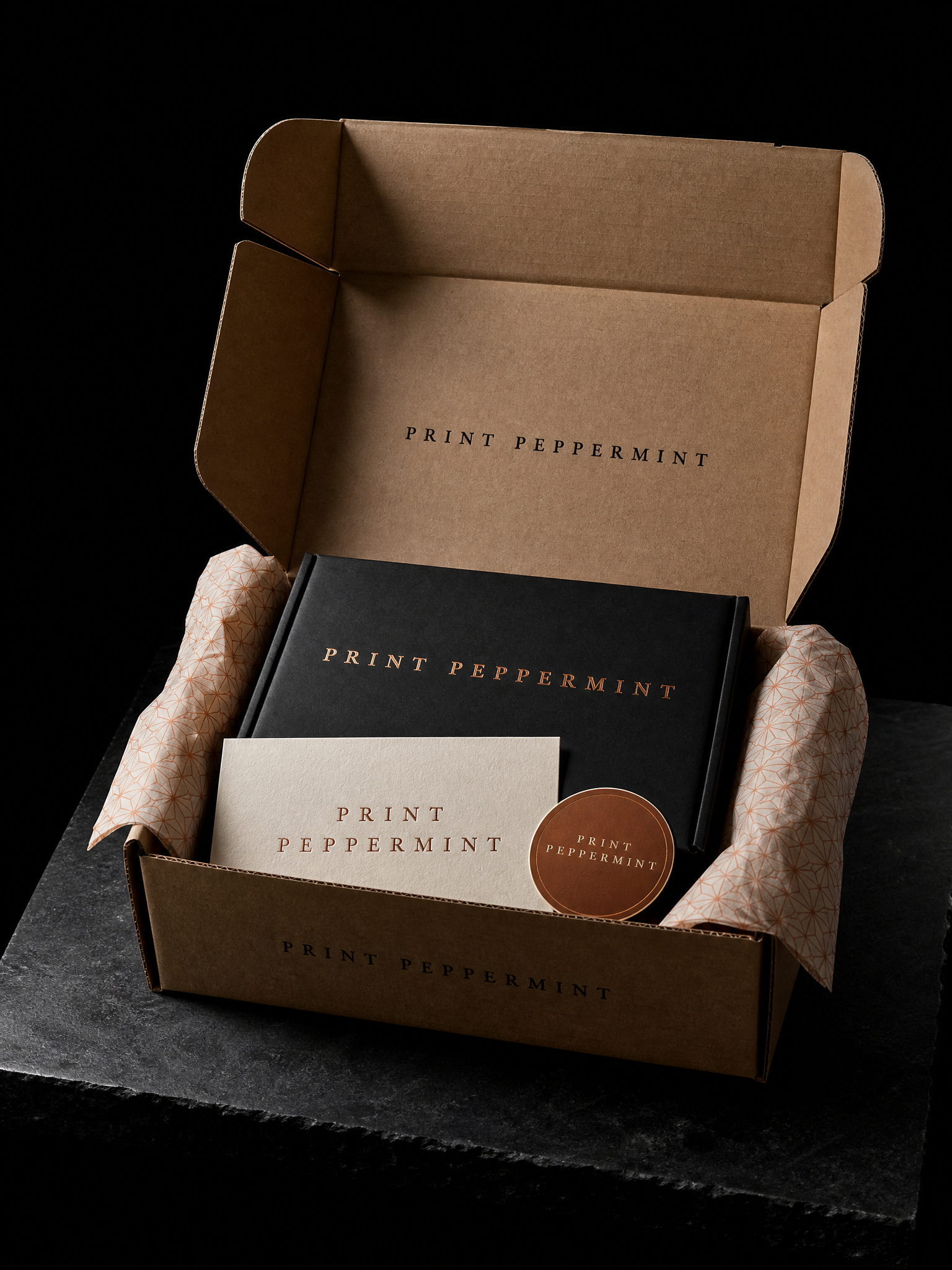 Complete branded unboxing set kraft mailer copper foil — custom boxes by Print Peppermint, specialty print with copper foil, hot foil stamping