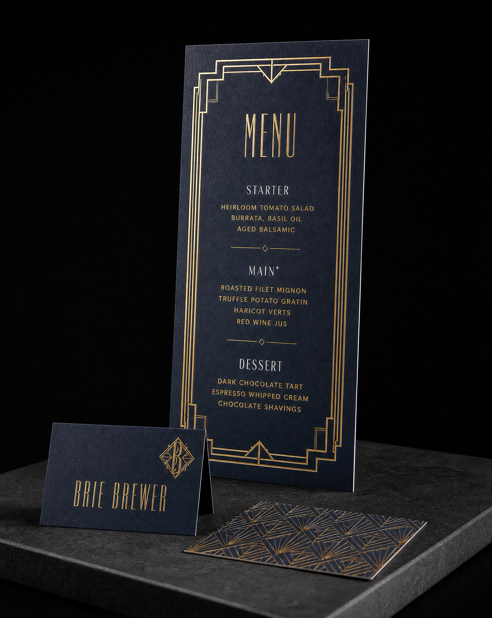 Menus-programs for Brie Brewer wedding with gold foil stamping, menu 4 × 9 in; place card 3.5 × 2 in, 32pt midnight navy uncoated and white ink.
