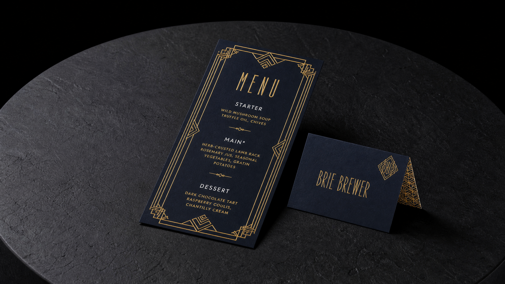 The finished Brie Brewer wedding menus programs shown in full — Menu 4 × 9 in; place card 3.5 × 2 in, 32pt midnight navy uncoated, Gold hot foil, White ink.