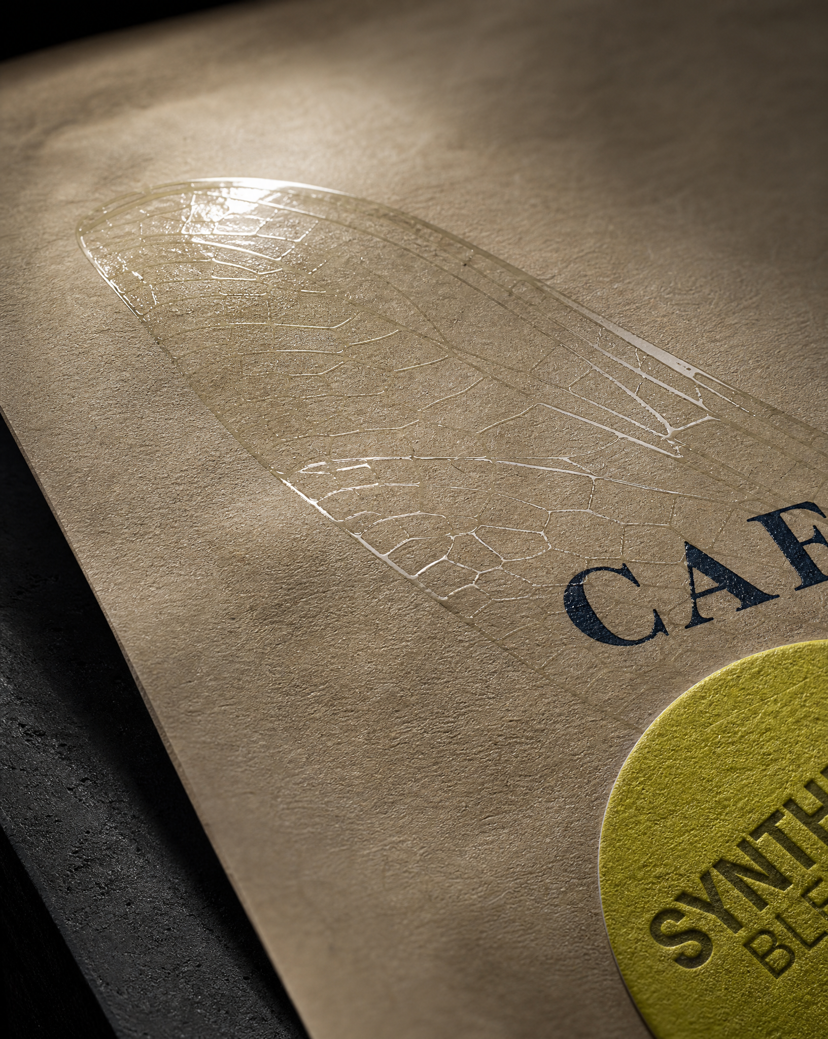 Macro of tone-on-tone spot gloss varnish over matte grey-green uncoated label stock