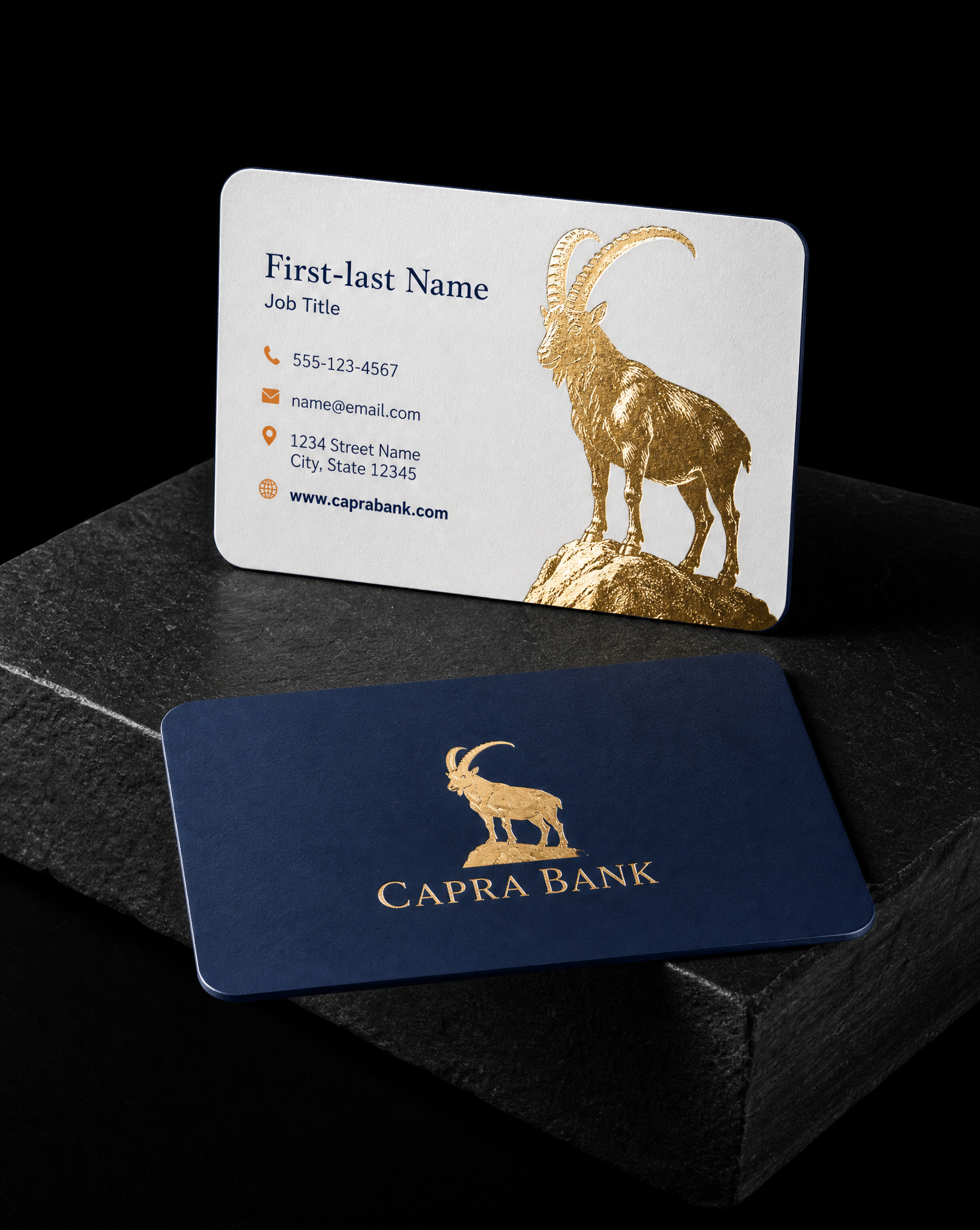 Capra Bank: 32pt soft touch, gold foil ibex, edges painted PMS 654 navy, rounded corners