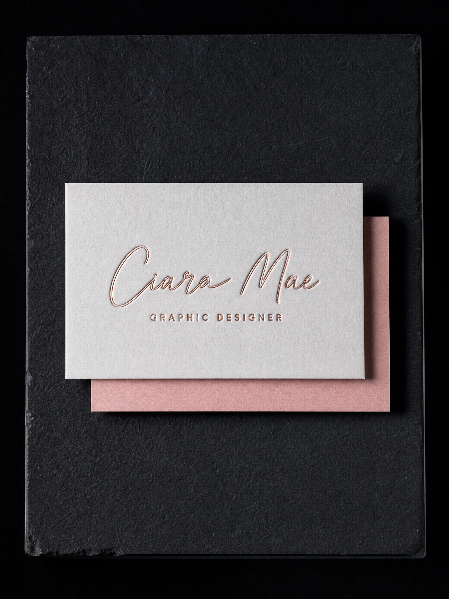 Ciara Mae business cards — 32pt bright white cotton, Rose gold hot foil, Blind deboss