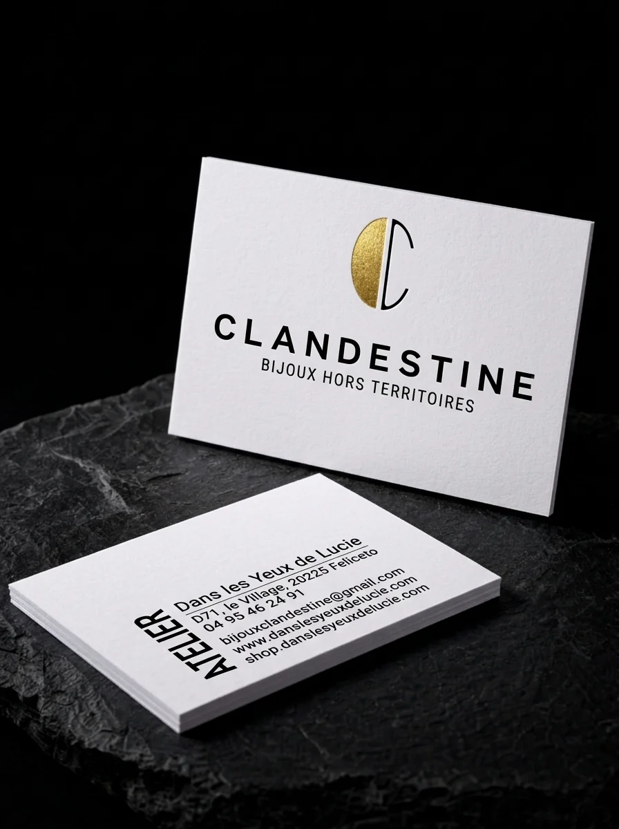 Business-cards for Clandestine – Bijoux Hors Territoires with gold accent foil stamping, textured white card and black lettering.