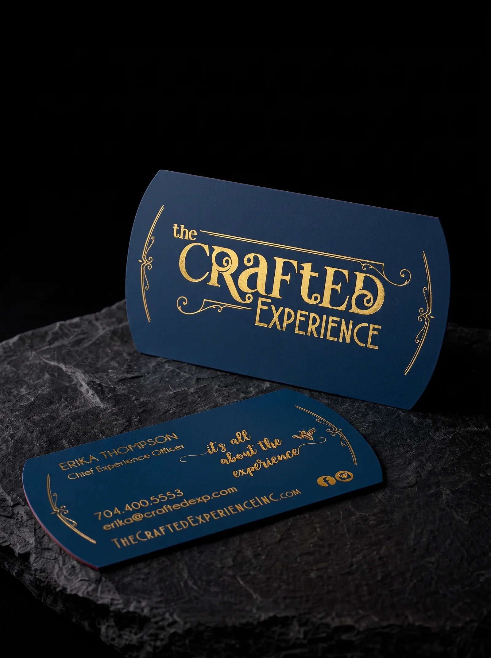 Business-cards for The Crafted Experience with gold foil stamping, custom die-cut, silk matte laminated stock, two colourways and pattern reverse.
