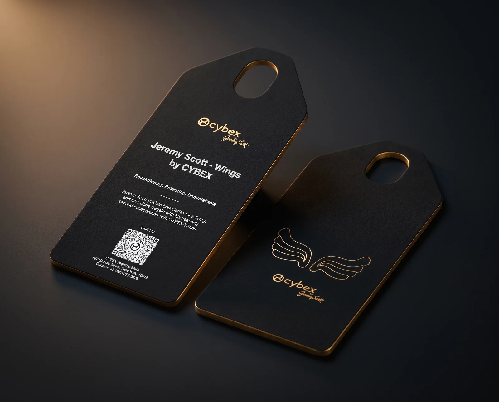 AI concept render of two black hang tags with gold foil wings and logo, one showing the back with the QR code, on a dark surface
