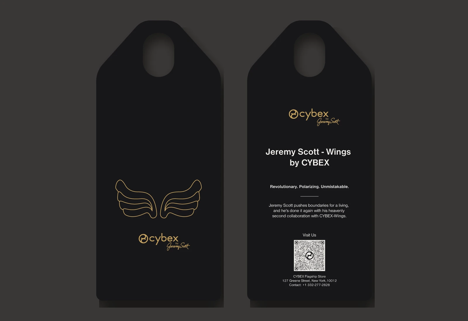 Flat artwork of the CYBEX by Jeremy Scott Wings hang tag: front with gold outline wings and logo on black, back with a gold logo, white headline 'Jeremy Scott - Wings by CYBEX', body copy, QR code and store address
