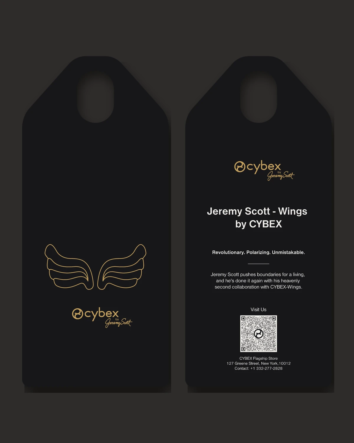 Hang-tags for CYBEX × Jeremy Scott with : white ink type, black qr code white base, gold logo foil stamping, 100 × 225 mm, laser-cut tag shape with an oval slot, 700–900 gsm duplex black soft-touch board, presentation run of two tags, july 2026 and artwork by cybex.