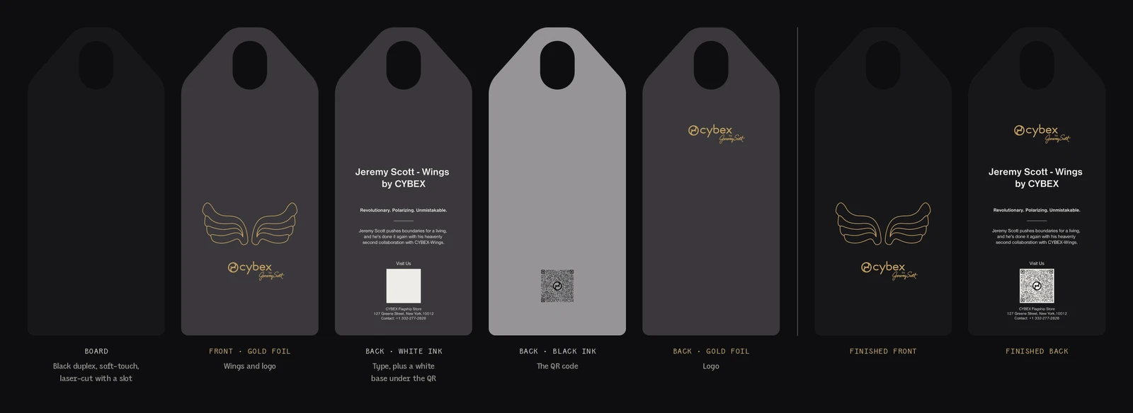 Diagram of the tag's layers: black soft-touch board laser-cut to shape; front gold foil for wings and logo; back white ink for the type and a white base under the QR code; back black ink for the QR code; back gold foil logo; then the finished front and back