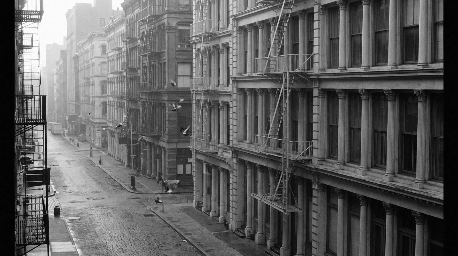 A cast-iron street in SoHo seen from high above in black and white, early morning, almost empty