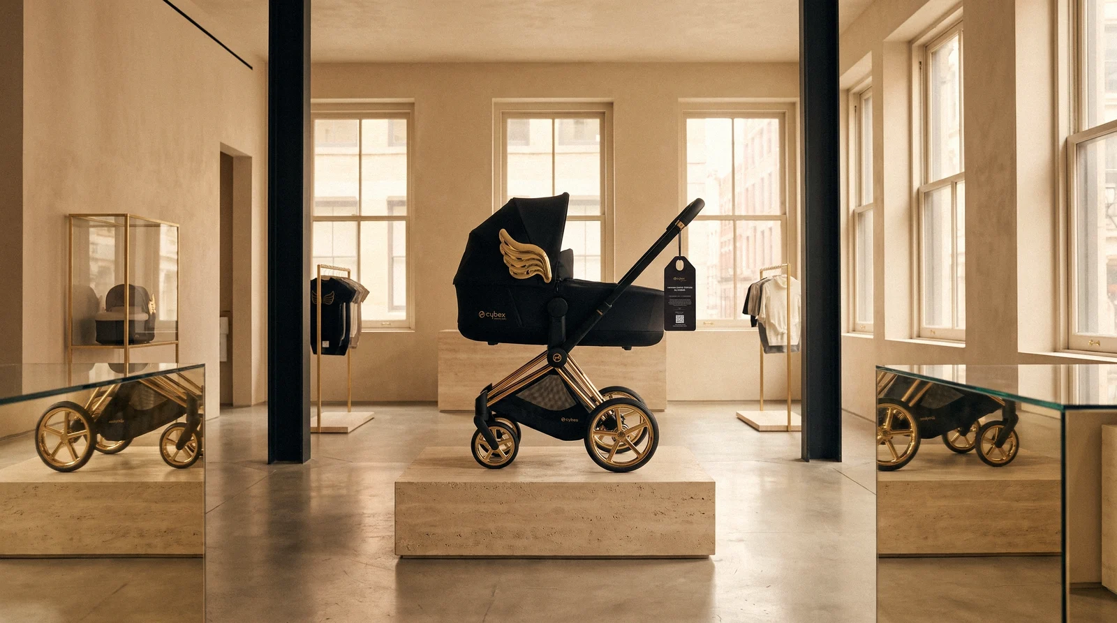 Inside a bright store with tall windows, a black stroller with gold wings on a stone plinth, the tag hanging from its handlebar