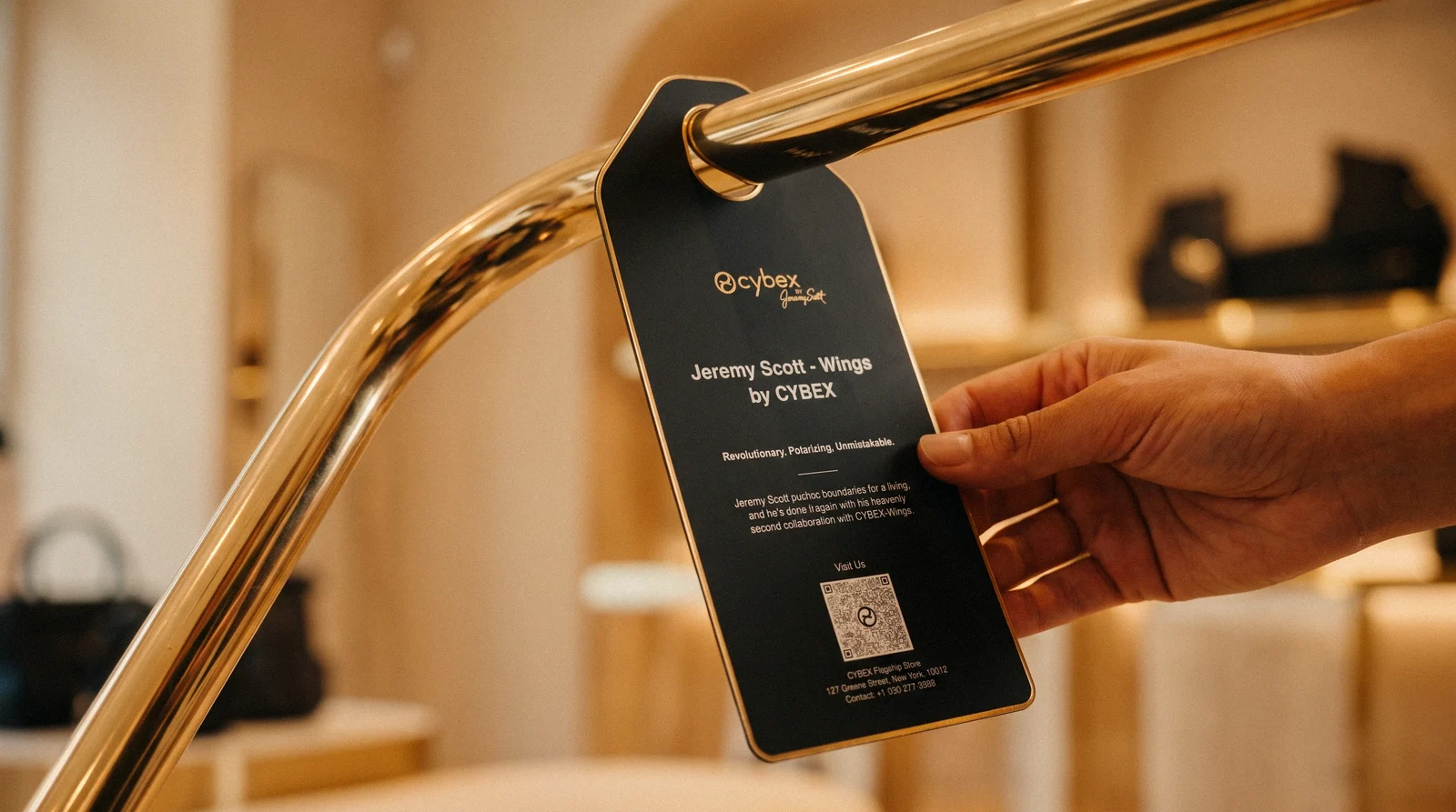 A hand turning the hang tag over on a gold handlebar to show the back: white headline, body copy, QR code and store address