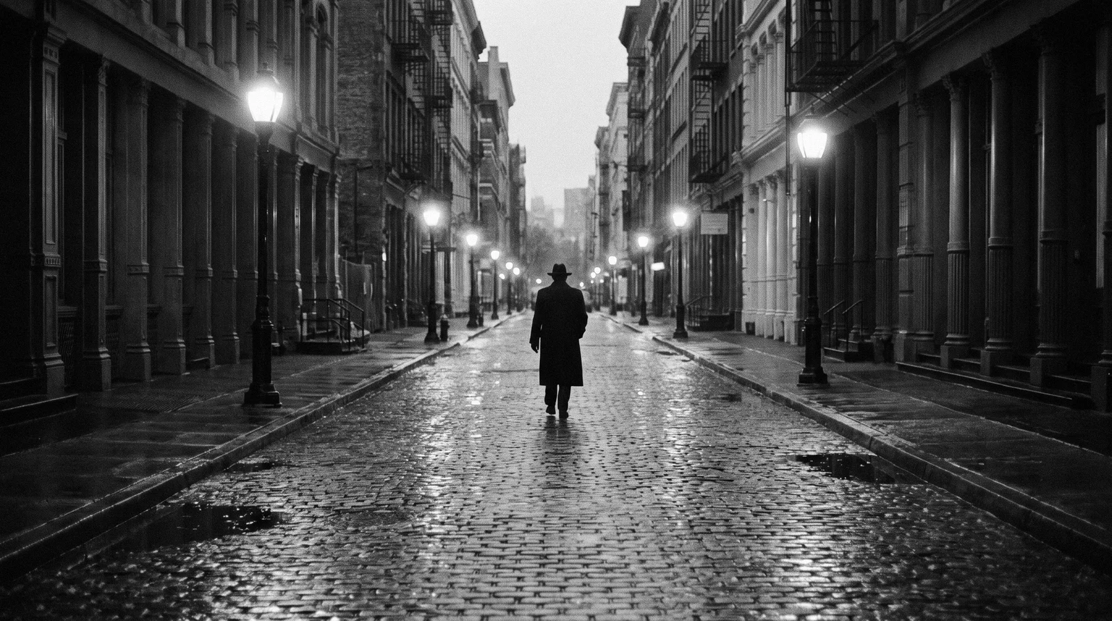 A lone figure in a long coat walking down a wet cobbled SoHo street at dusk between lit street lamps, in black and white