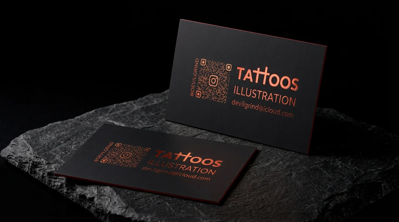 DevilGrind tattoo and illustration card with red foil and QR code