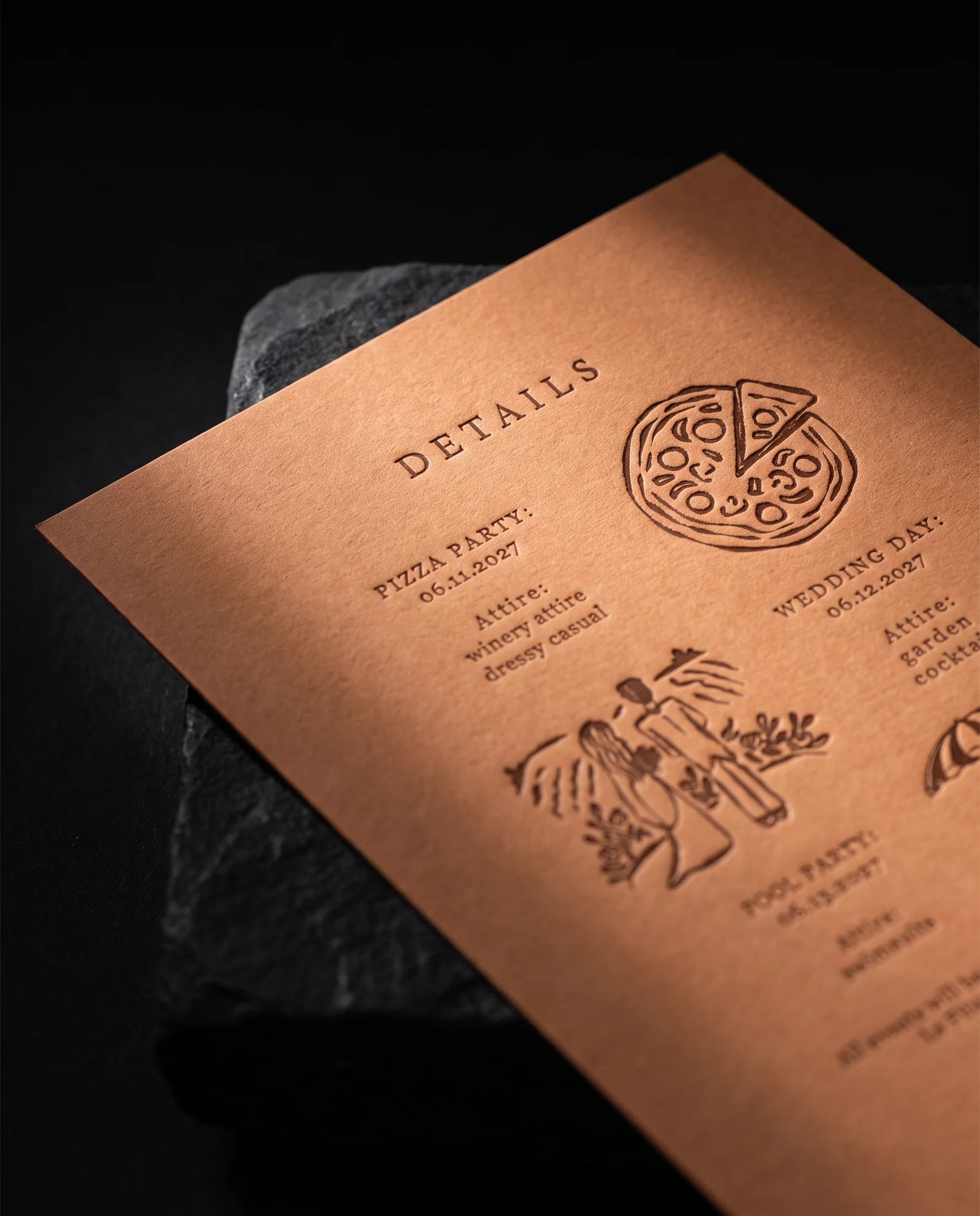 Close simulated view of the terracotta details card with the three wedding events