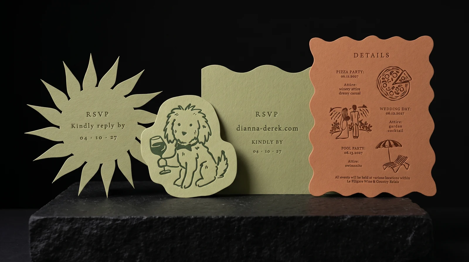Four proposed Dianna and Derek suite directions on a black plinth, simulated before press