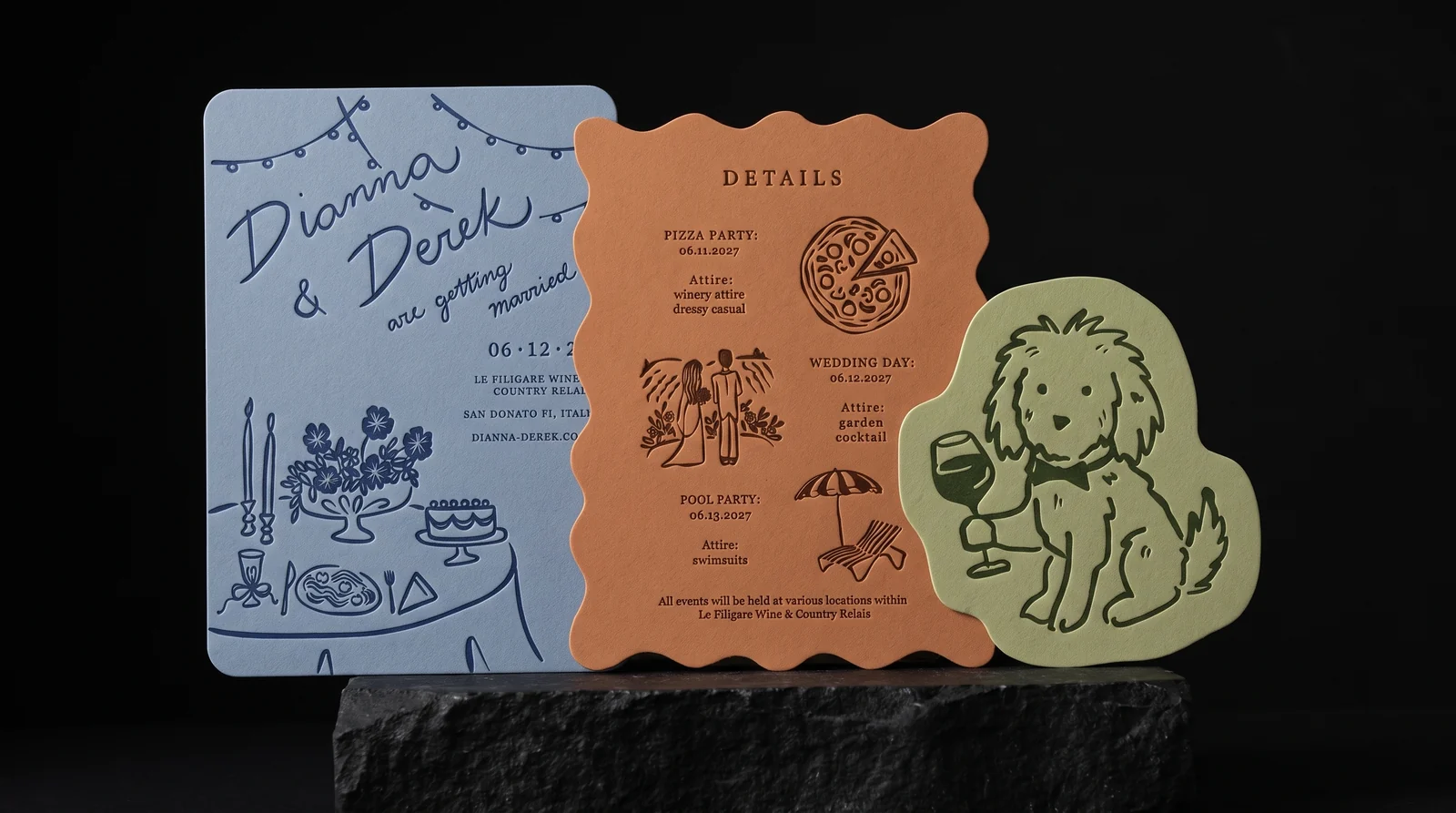 Dog-silhouette wedding-suite direction on a black plinth, production simulation before press