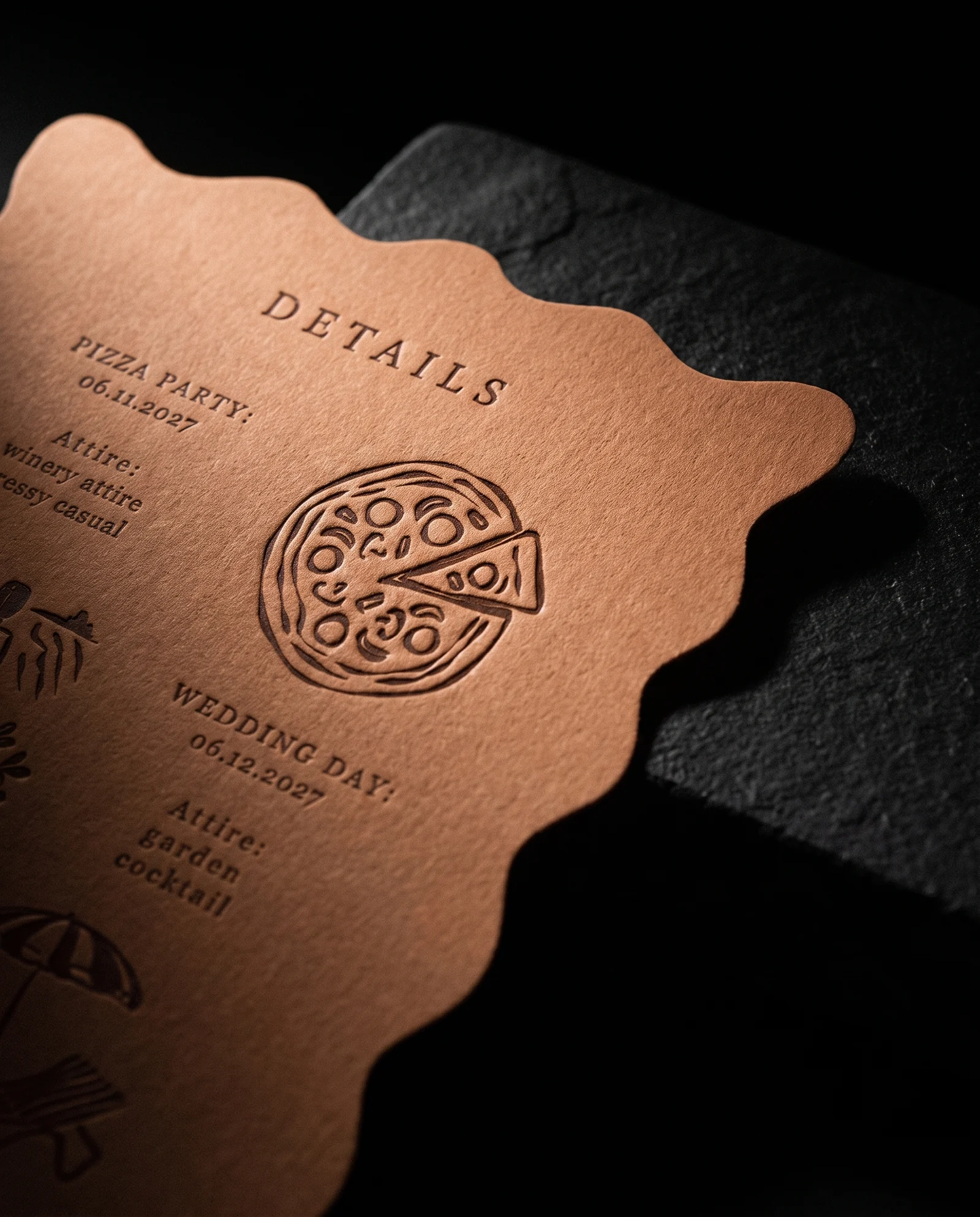 Close-up of the studio-preferred squiggly die-cut details card, simulated before press