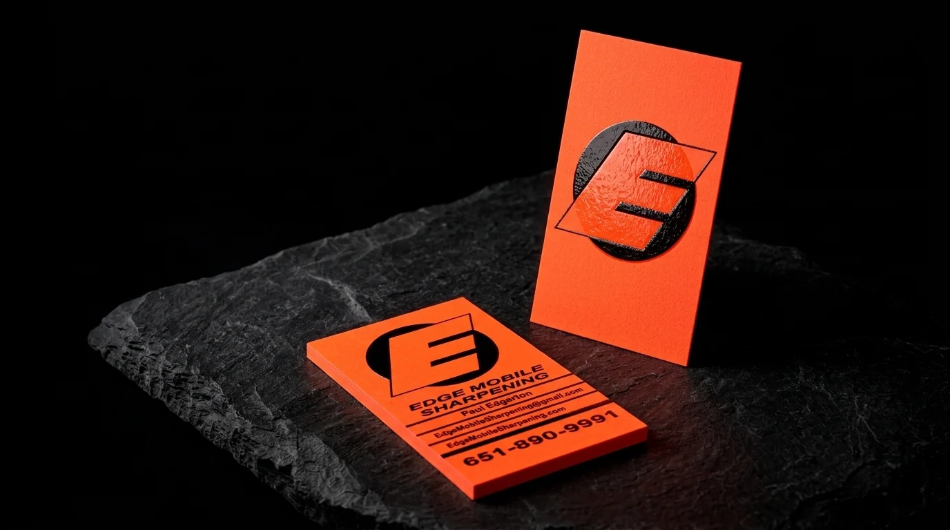 Business-cards for Edge Mobile Sharpening with portrait, fluorescent stock, raised gloss and black ink.