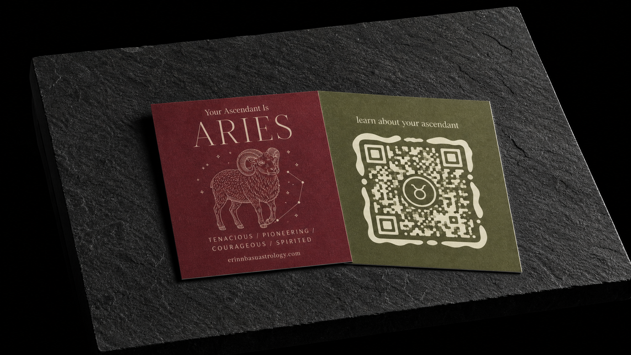 The finished Erinn Basu Astrology notecards shown in full — 4 × 4 in, 16pt silk, Pantone flood per sign + cream, Custom-shaped QR, tested.