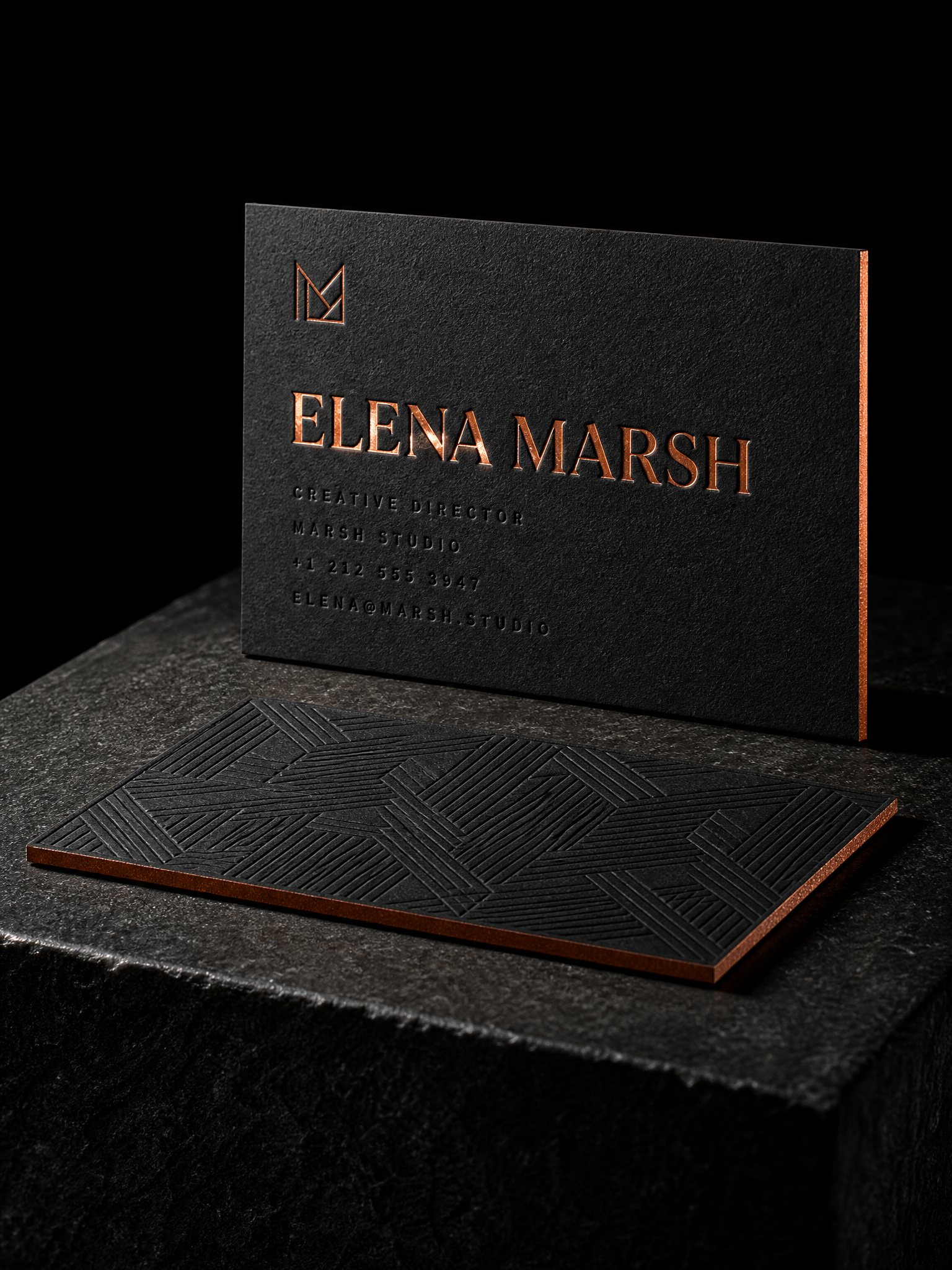Black cotton copper foil business card — custom business cards by Print Peppermint, specialty print with copper foil, hot foil stamping