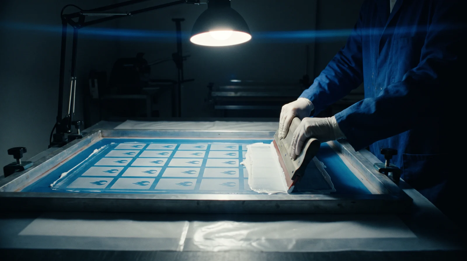 A squeegee pulling opaque white ink across a screen onto a frosted plastic sheet; every card position on the screen has its flame blocked out