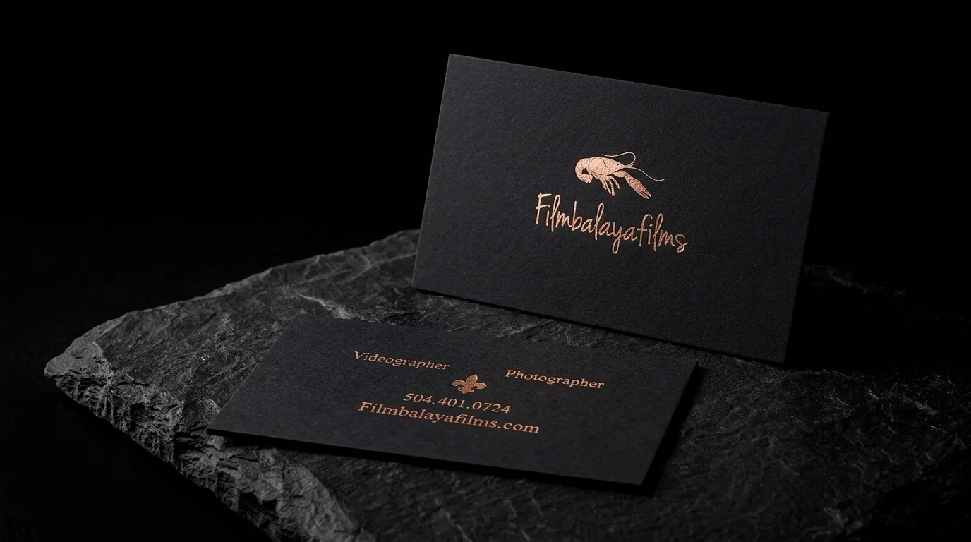 Business-cards for Filmbalaya Films with rose-gold and two-sided foil stamping and black stock.