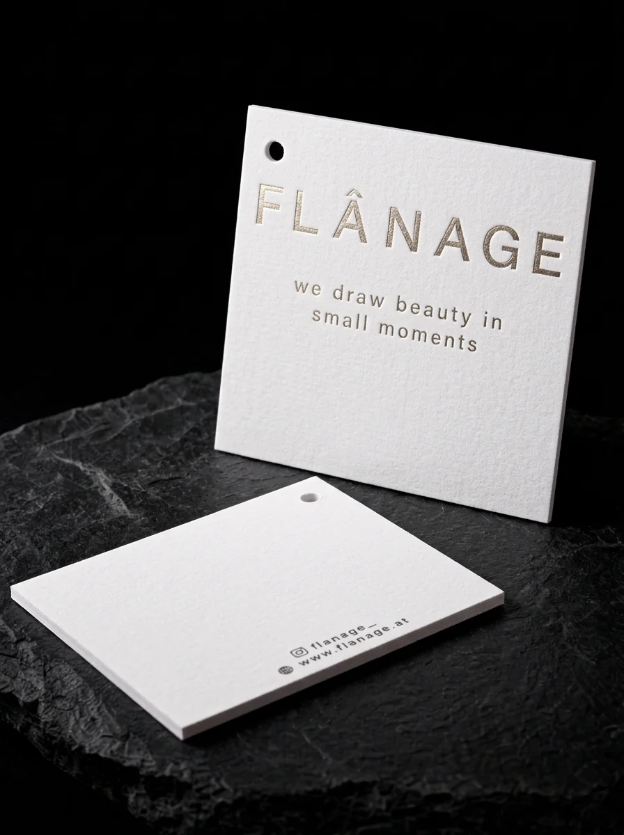 Hang-tags for Flânage with champagne foil stamping, 50pt bright white cotton and drilled hole.