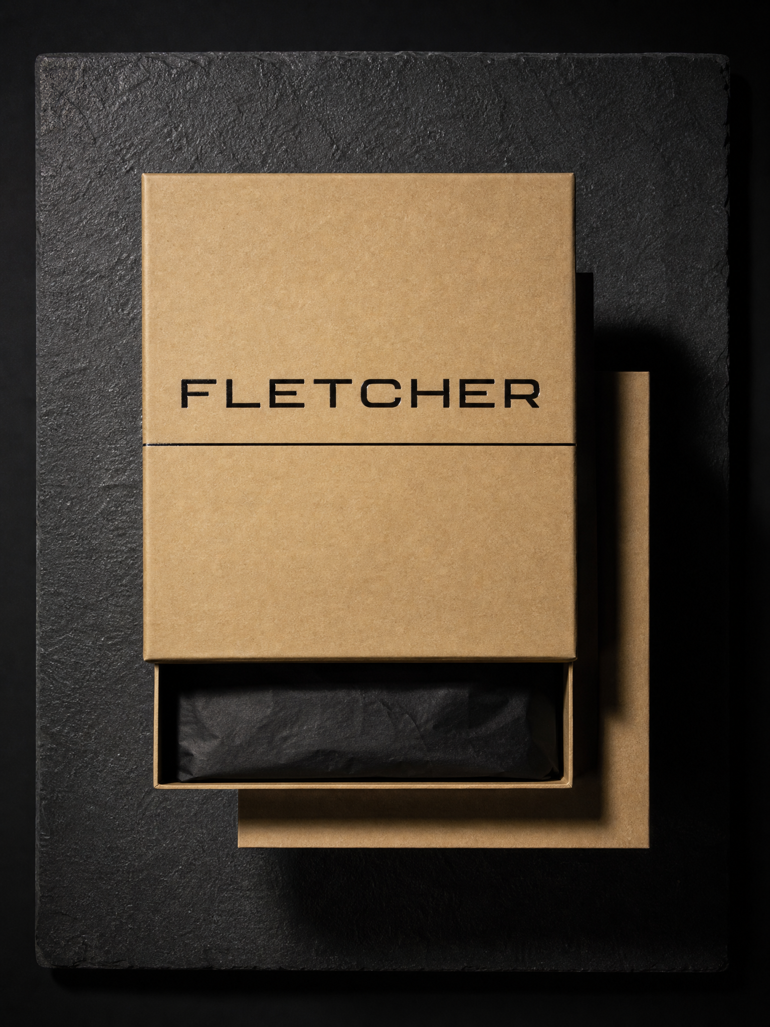 Fletcher boxes — Rigid 9×12×4 in, Natural kraft wrap, Black hot foil