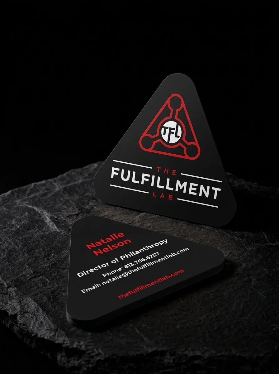 Business-cards for The Fulfillment Lab with custom triangular die, rounded corners, black card and two colours.