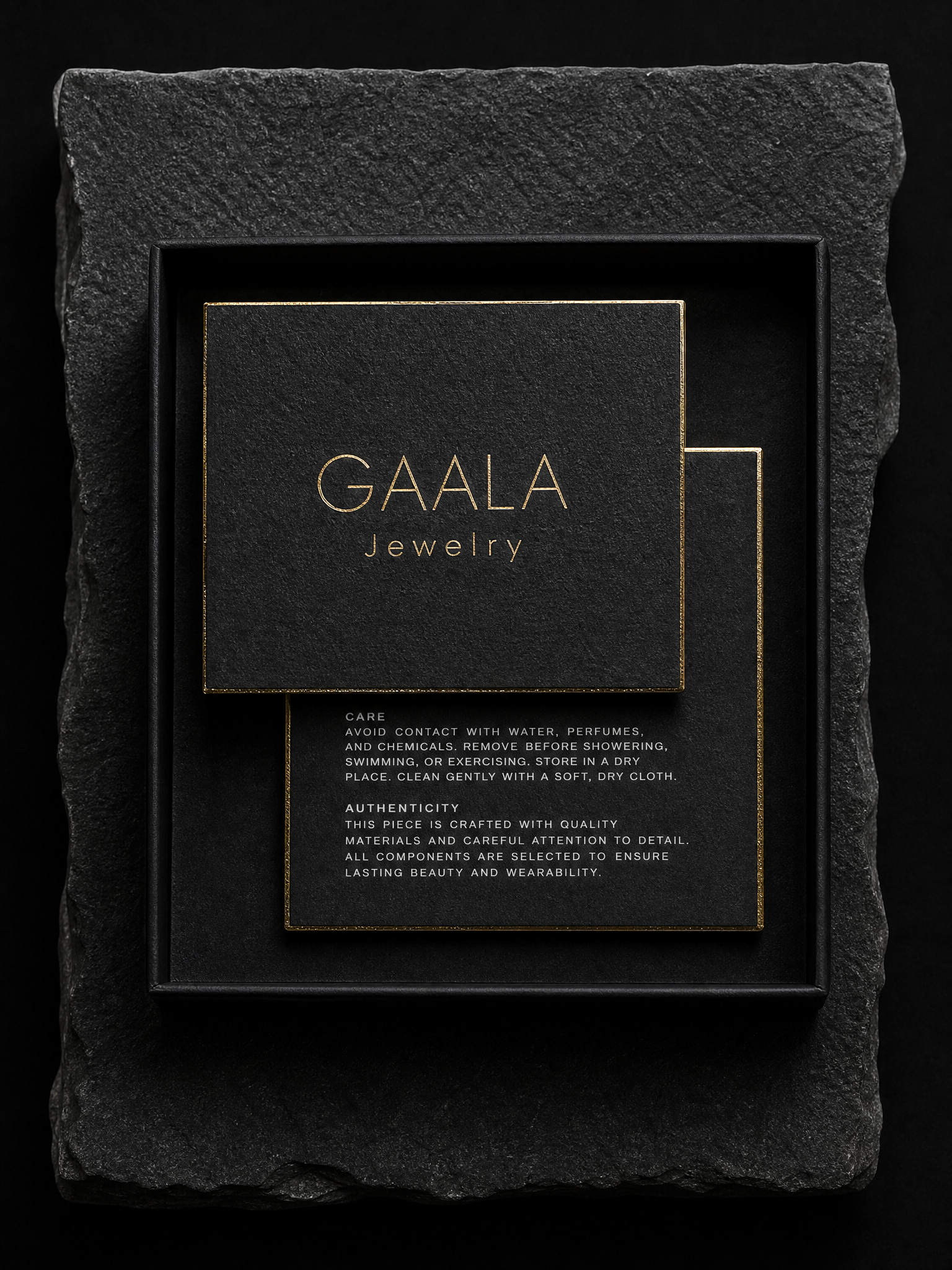 GAALA Jewelry notecards — 32pt black cotton, Gold hot foil, White ink