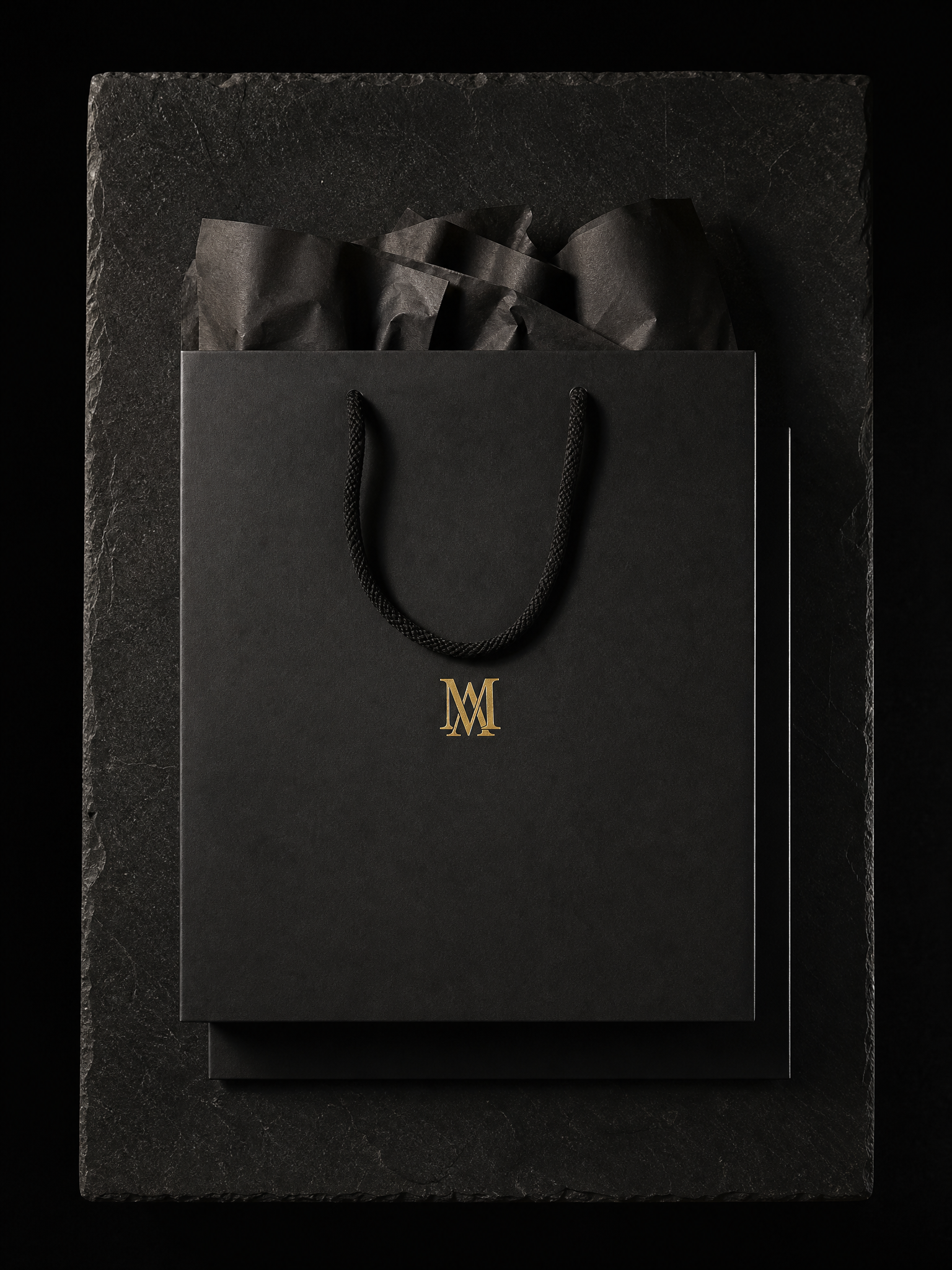 Order 206166 boxes — Matte black laminated paper, Gold hot foil, Cotton rope handles