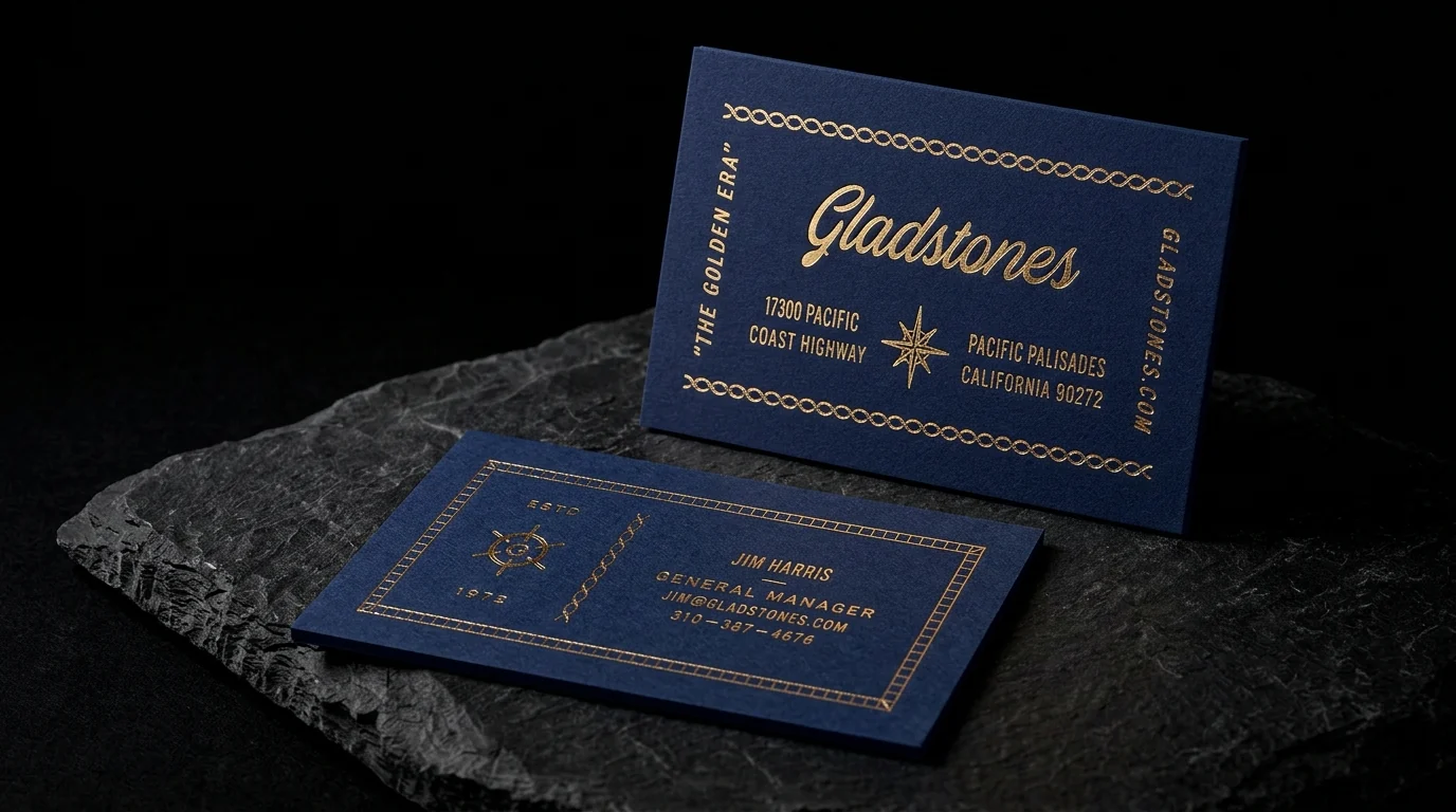 Business-cards for Gladstones with gold and two-sided foil stamping, navy stock and framed layout.