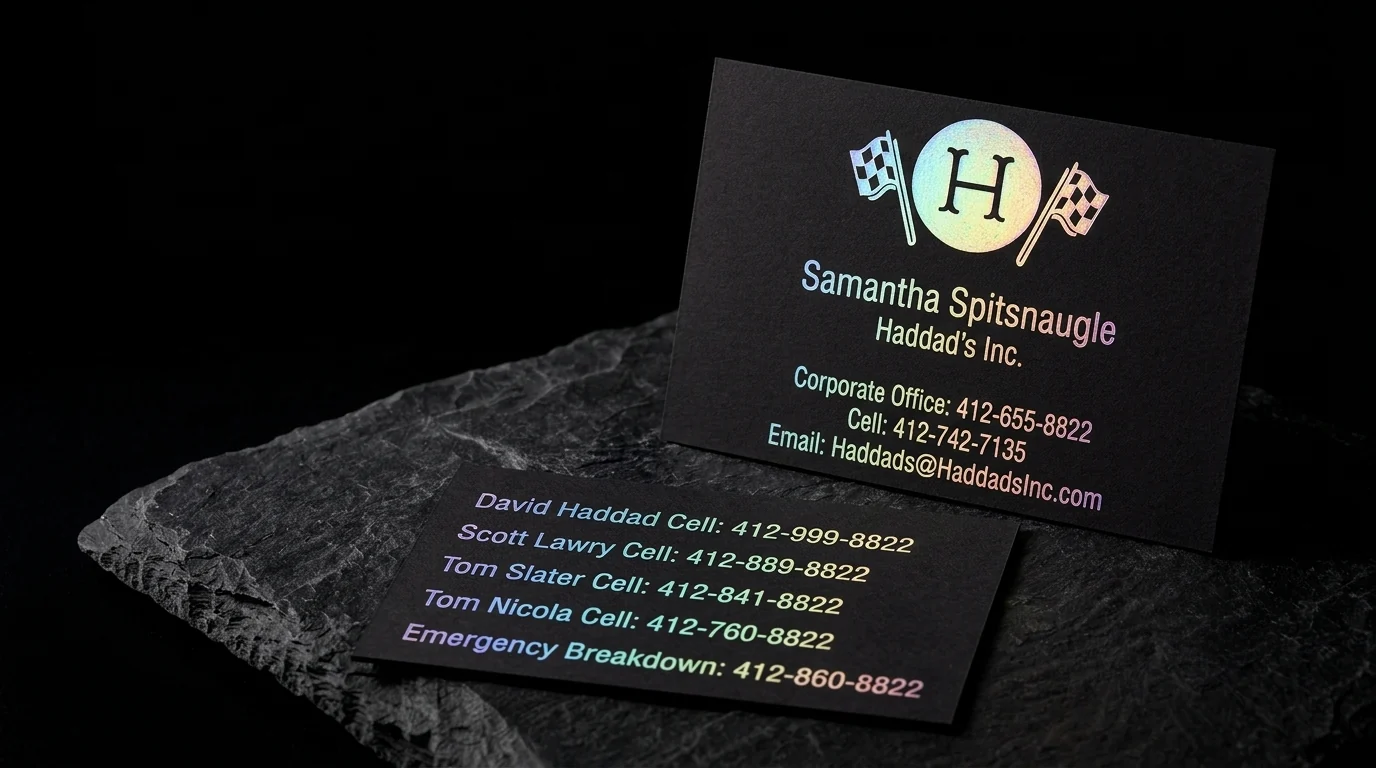 Business-cards for Haddad's Inc. with holographic and two-sided foil stamping and black stock.