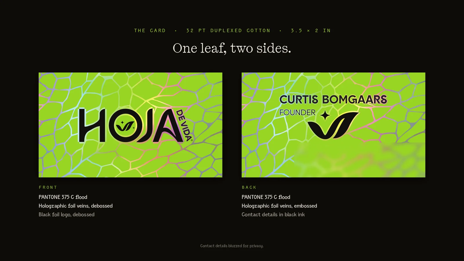 Front and back artwork of the HOJA card with labels: PANTONE 375 C flood, holographic foil veins debossed on the front and embossed on the back, black foil logo, contact details in black ink