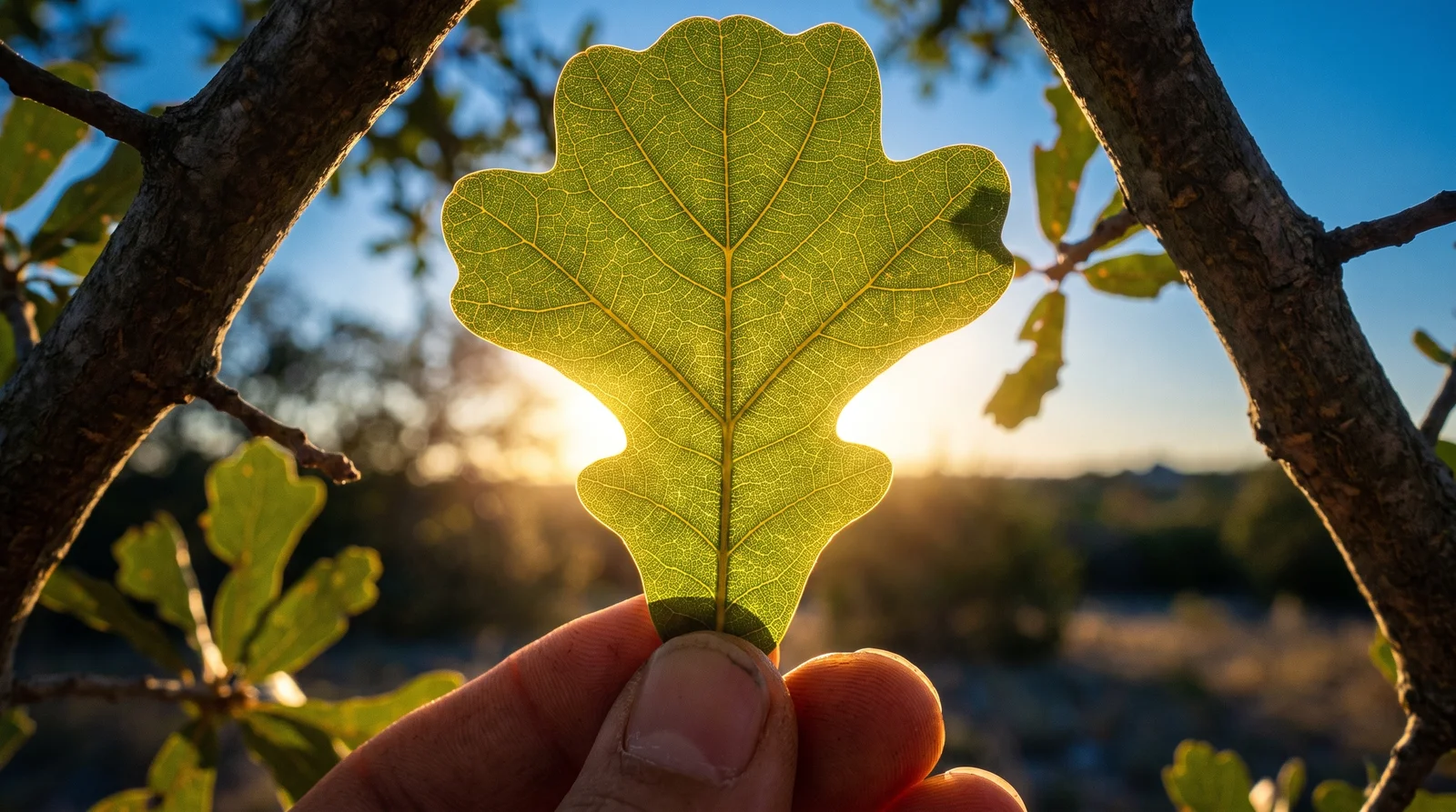 A hand holding a live oak leaf up to the low sun, its veins glowing gold-green