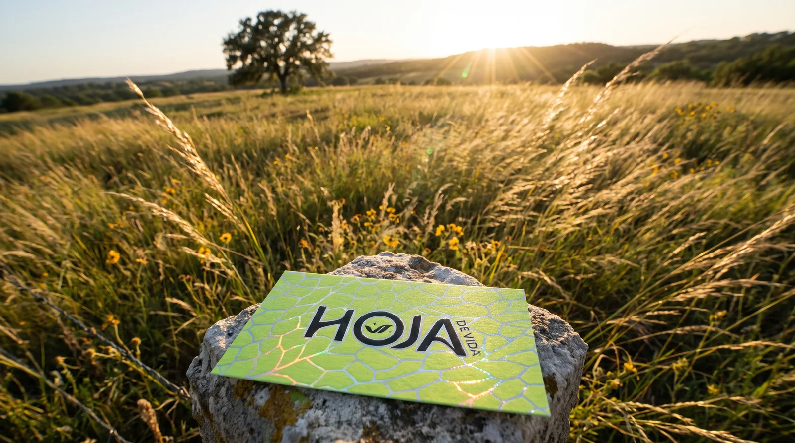 The HOJA card resting on a limestone fence post in a Texas Hill Country field at sunset, tall grass bending in the wind