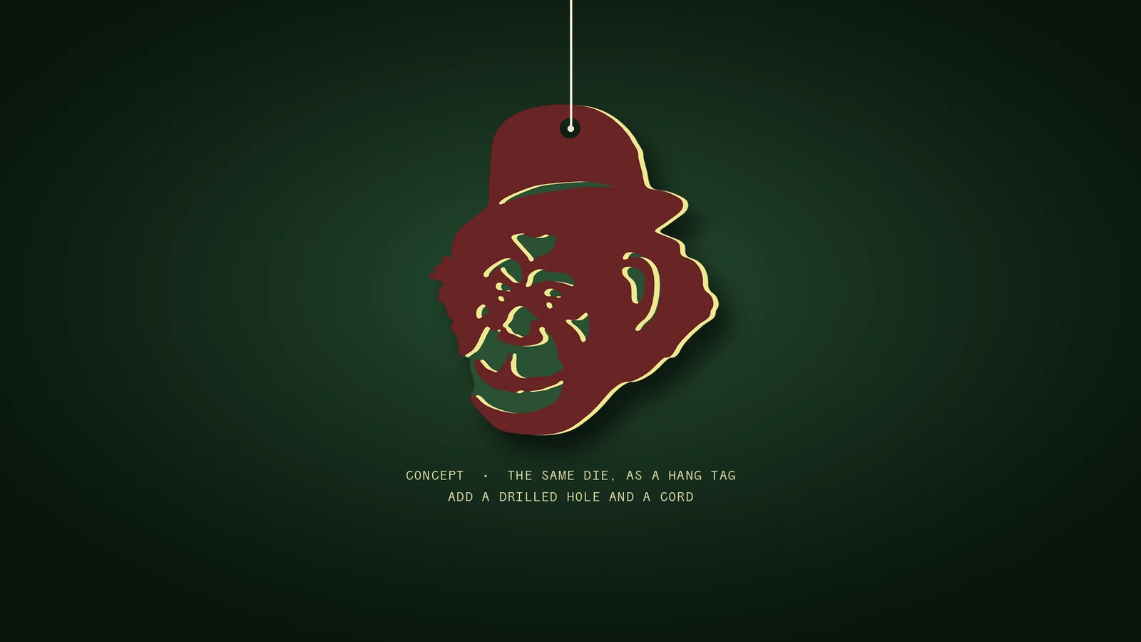 Concept: the monkey-head die-cut shape with a drilled hole in the hat and a cotton cord, hanging as a hang tag on a dark green background
