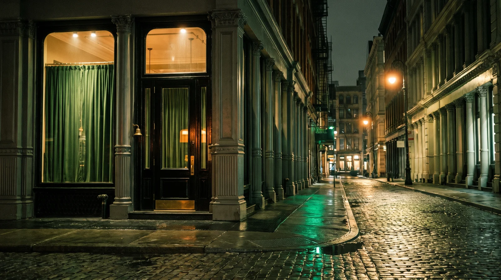 A cast-iron SoHo street at night after rain, a shopfront with drawn green velvet curtains and a black lacquered door
