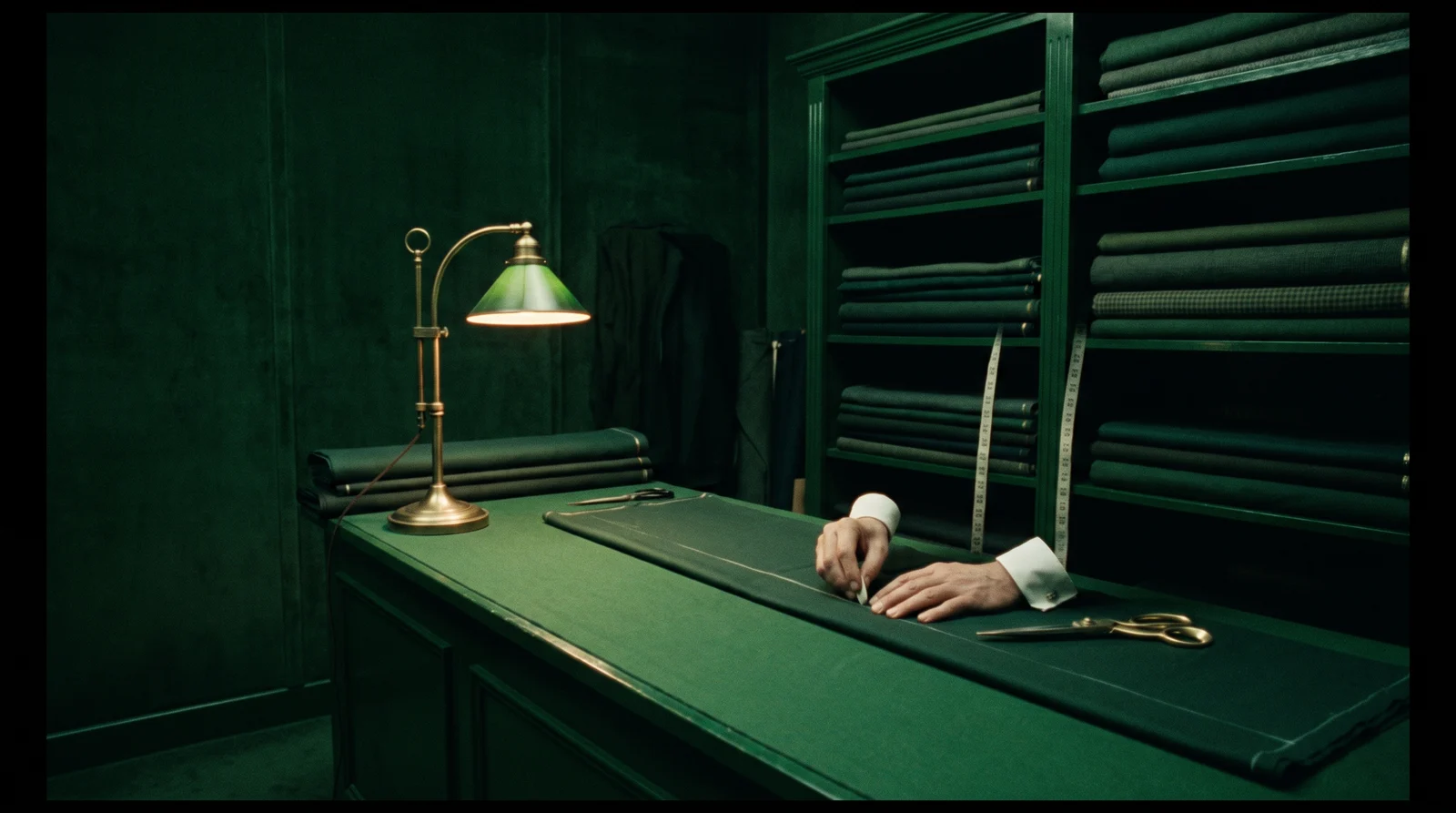 A tailor's atelier in deep bottle green, a hand chalking a line on green cloth beside brass shears