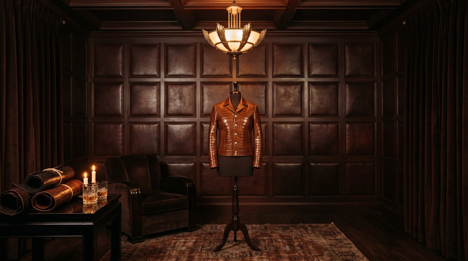 A chocolate-brown leather-panelled room with an alligator jacket on a dressmaker's form, candles and a crystal whiskey glass