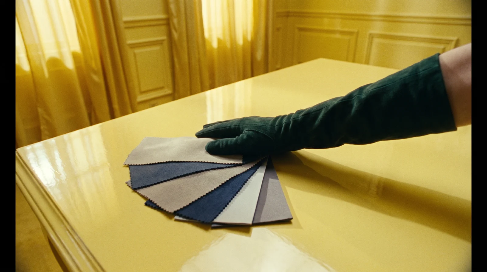 A hand in a green suede glove pushing a fan of quiet grey and navy swatches off a banana-yellow lacquer table