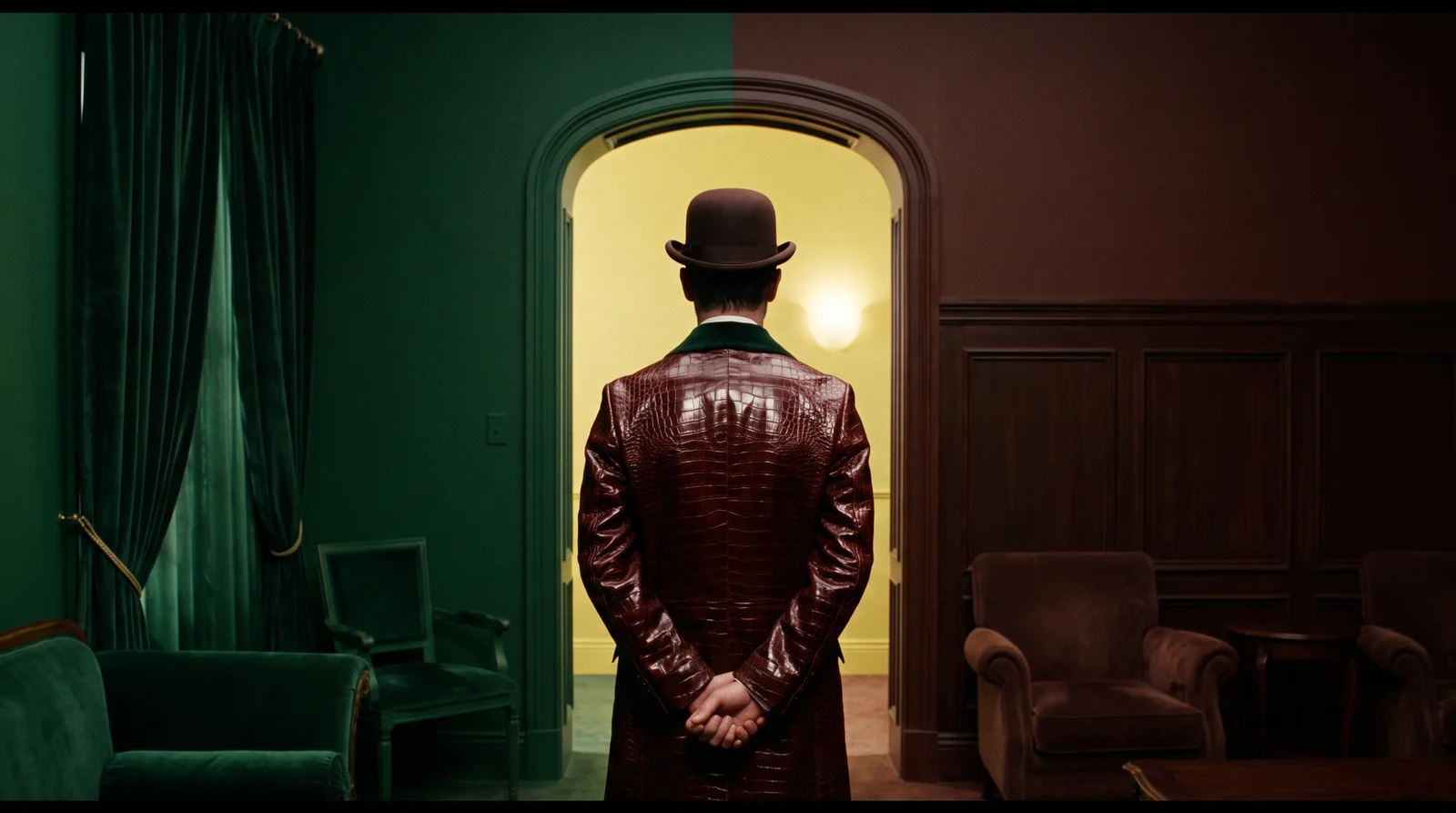 A man in a bowler hat and oxblood alligator jacket seen from behind in a doorway between a green room and a brown room, a yellow room beyond